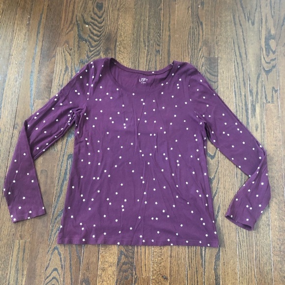 LOFT Tops - LOFT Women’s L Dark Maroon Silver Stars Long-Sleeved Boat Neck Tee - VGUC!